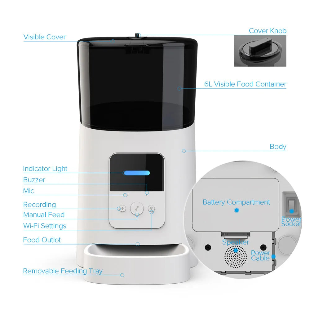 6L Intelligent Wi-Fi Automatic Pet Feeder for Cats and Dogs with APP Timer and Smart Food Dispensing System